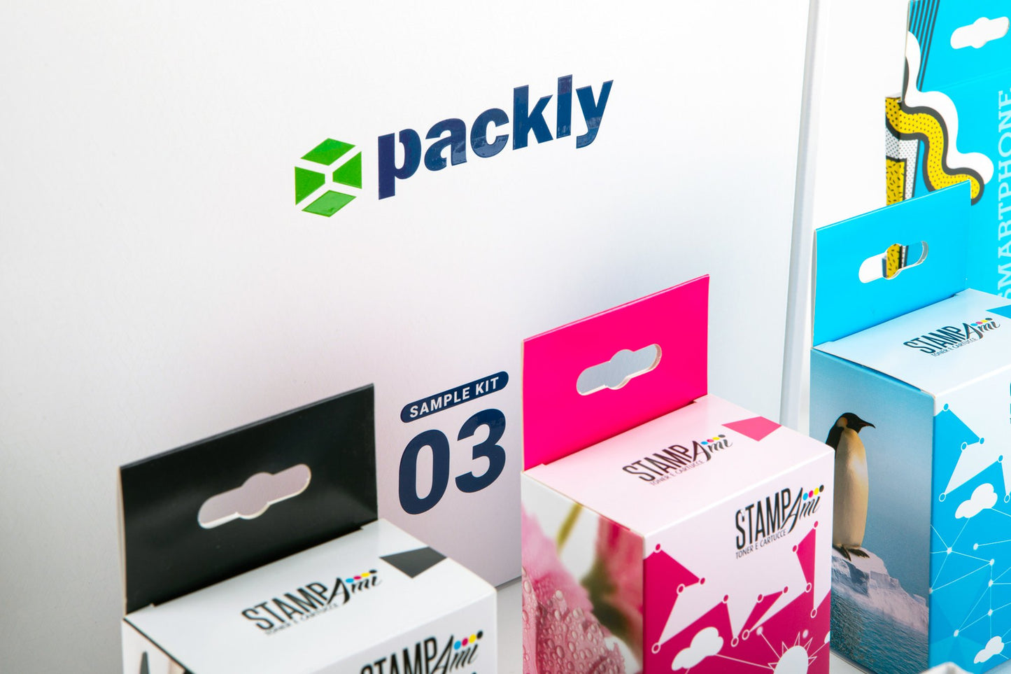 Focus on three colored hanging boxes against a white box background.