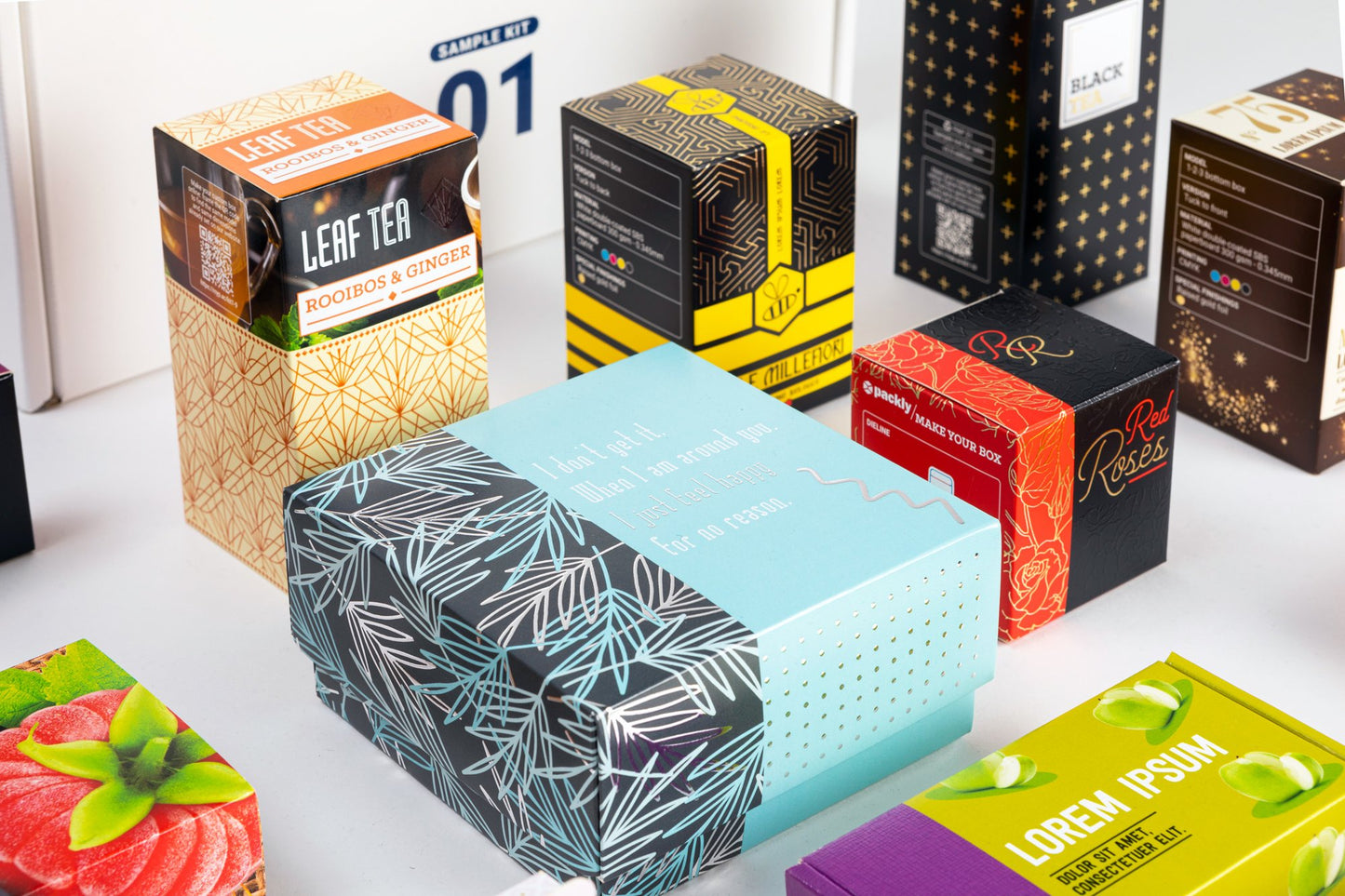 Macro photograph of colorful and embellished boxes.