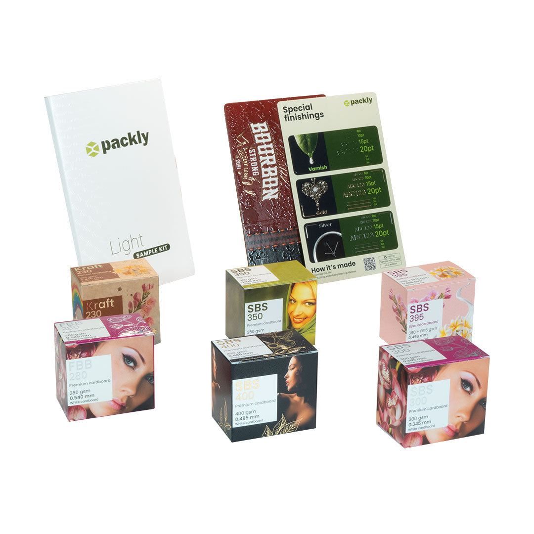 Sample set with 6 cardboard box models featuring various colorful designs and two cards.
