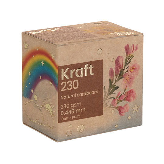 Natural kraft box with flower and rainbow designs.
