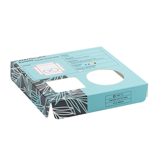 Insert with a design split in half: light blue with white text on one side and black with white and blue patterns on the other, with two cutouts: one rectangular and one round.