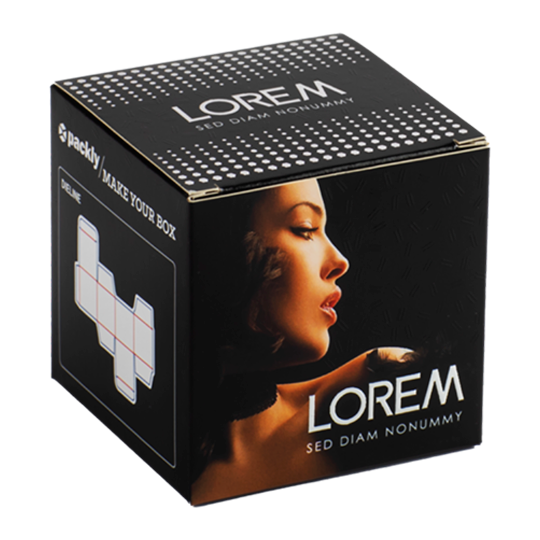 Close-up photo of a woman on a black box with white text.