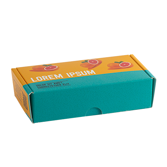 Box with yellow and light blue graphics featuring oranges.