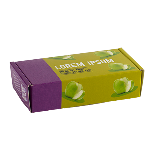 Purple and green box with apple photo graphics.