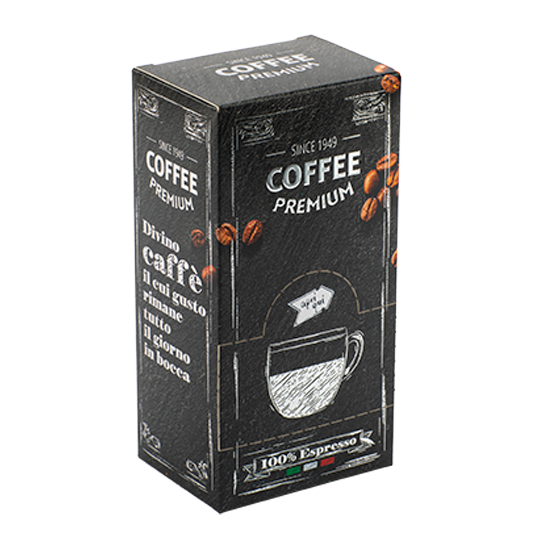Black coffee box with white text and a drawing of coffee beans.