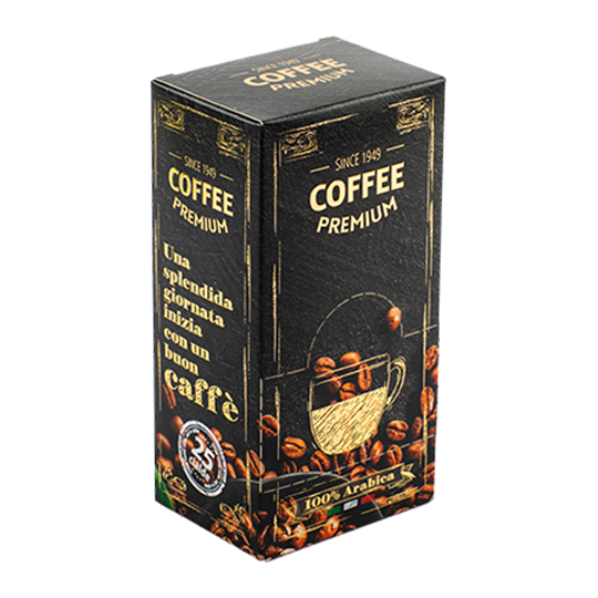 Black coffee box with printed coffee beans and gold text.