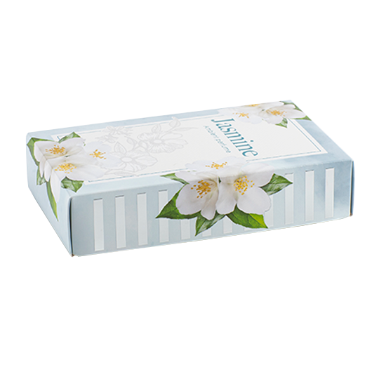 Light blue lid and base box with white flowers.