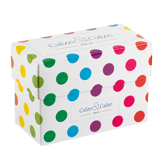 Box with an automatic lid and base, white with colored polka dots.
