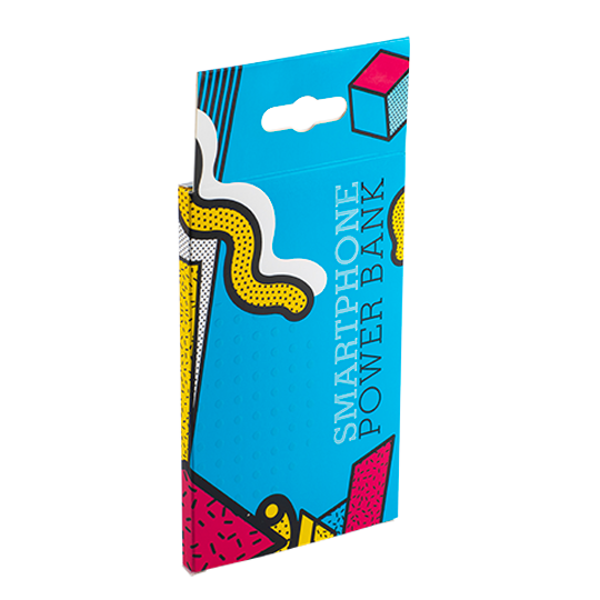 Slim hangable box in light blue with yellow, fuchsia, and white graphics.