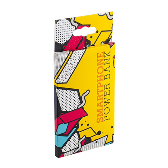Slim hangable box in yellow with light blue, fuchsia, and white graphics.