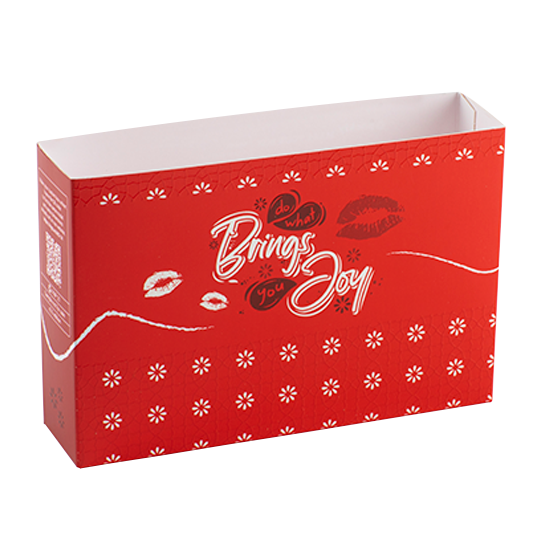 Red box with white icons and text, without a lid.