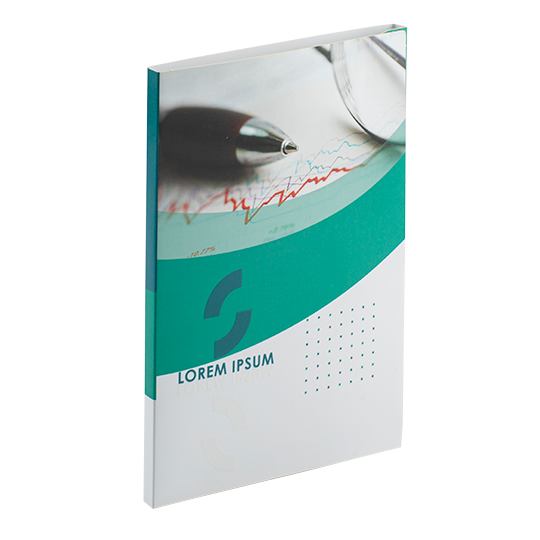 Folder with a spine and two flaps, with a photo of a pen in white and light blue.