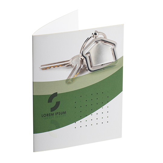 White and green flat folder with a photo of keys.