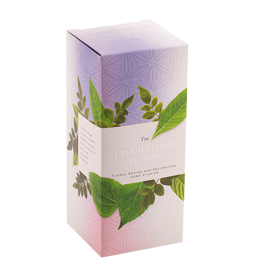 Linear box in light purple and pink with leaf graphics.