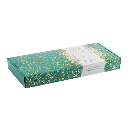 Light blue box with gold special finishes and a white stripe with text.