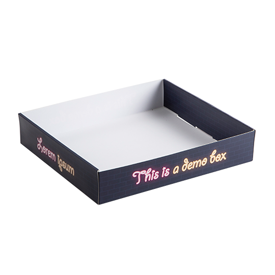 Black tray box with glowing text and white interiors.