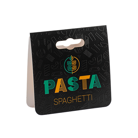 Oval bag clip with a euro hole, black with green and yellow text, "Pasta - farfalle.