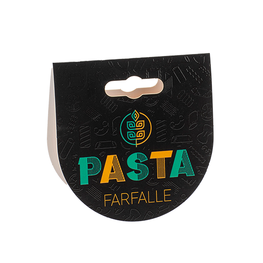 Oval bag clip with a euro hole, black with green and yellow text, "Pasta - farfalle."