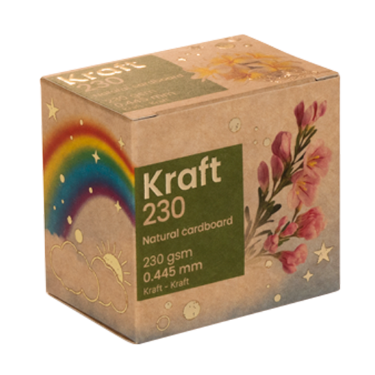 Natural kraft box with flower and rainbow designs.