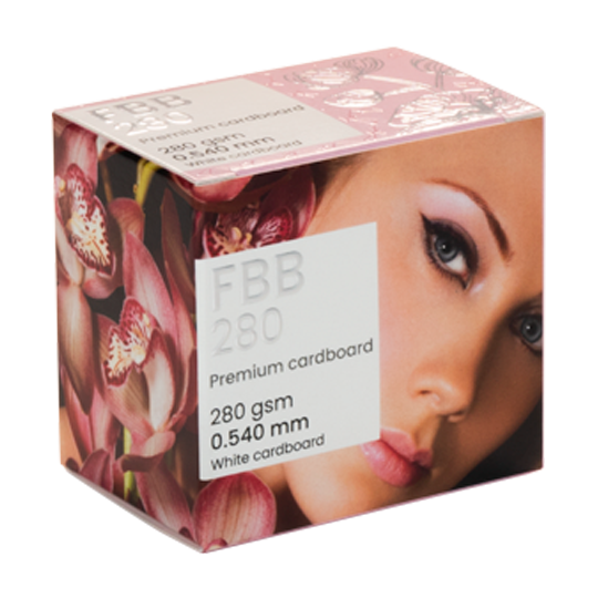 Premium cardboard box with a photo of a woman and flowers.