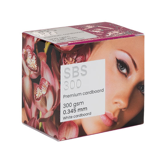 Premium cardboard box with a photo of a woman and flowers.