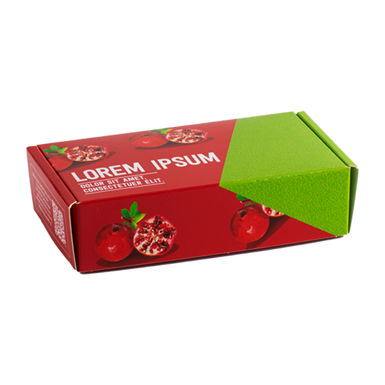 Box with red and green graphics featuring pomegranates.