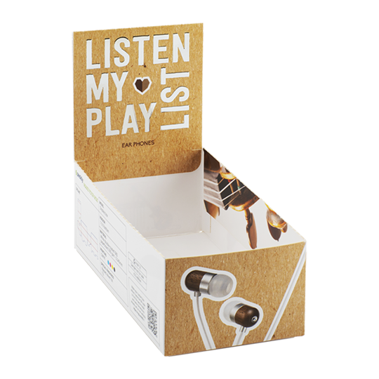 Display box for headphones made of white and brown cardboard.