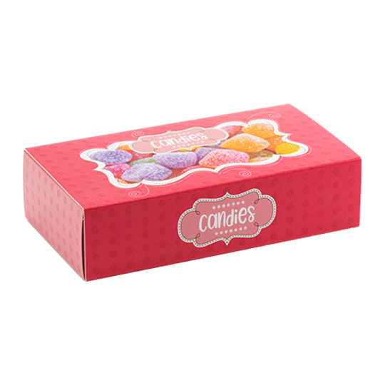 Bright pink candy box with a photo of candies on top.