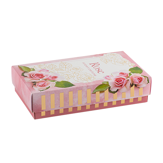Pink lid and base box with rose graphics.