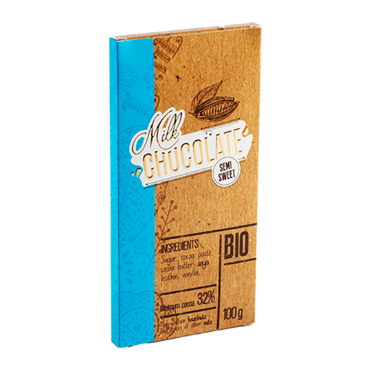 Chocolate bar box in light blue and brown.