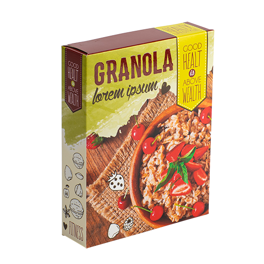 Linear box with the text "Granola" and a photo of cereals with cherries and strawberries.