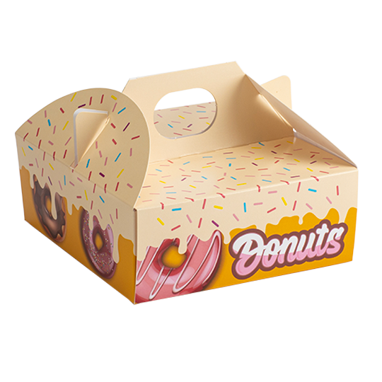 Chest-style box with a handle, featuring the text ""donuts"" and donut illustrations.